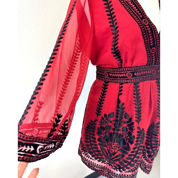 Boston Proper 3/4 Bell Sleeve Velvet Burnout Blouse Ties Back Small Whimsigoth - Picture 2 of 16